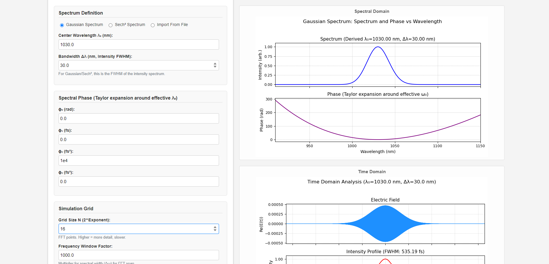 Screenshot of the Laser Pulse Calculator